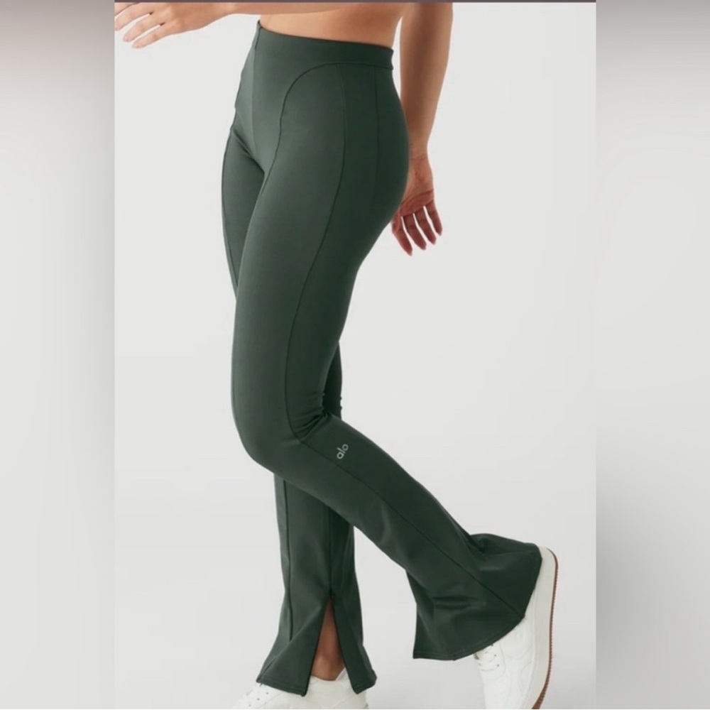 Alo Yoga Zip It Flare Leggings Green High Rise Slit Hem Size Small